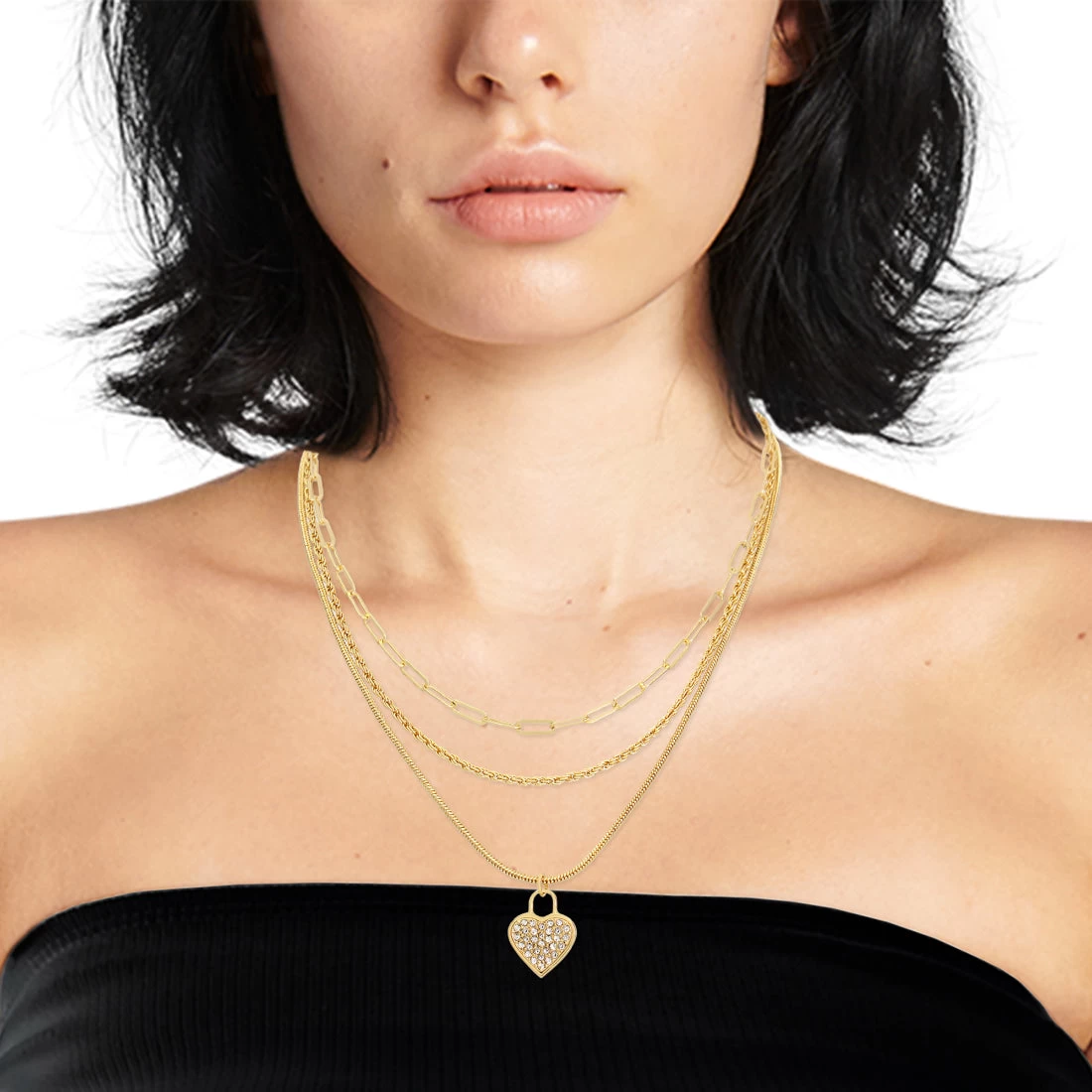 HEART CHARM MULTI STRAND NECKLACE GOLD 3 HEART CHARM MULTI STRAND NECKLACE GOLD